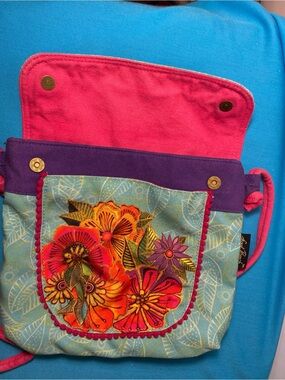Laurel Burch Turquoise Floral Embroidered Crossbody with Pink Strap